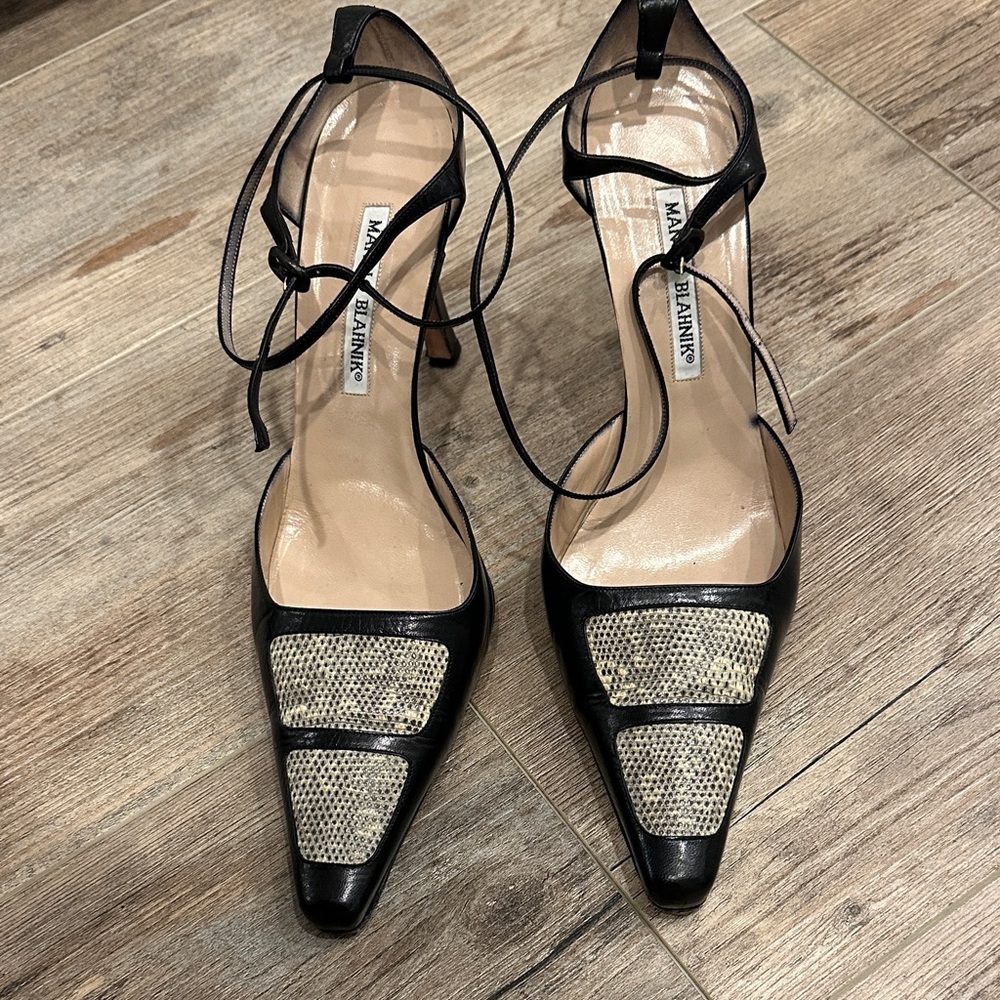 Manolo Blahnik Black and Cream Lace-Up Heels